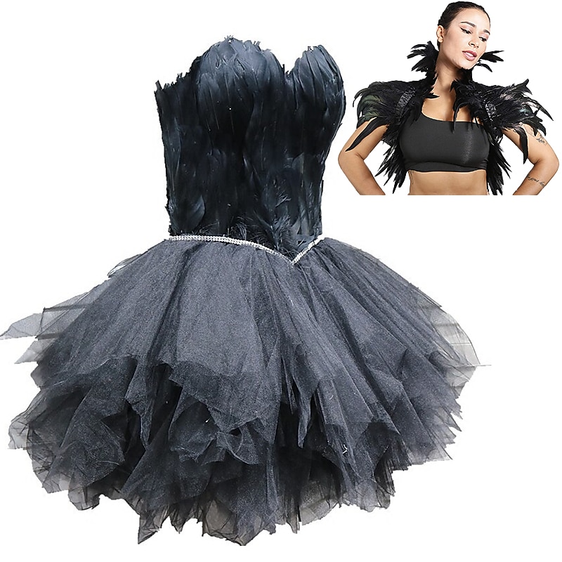 Set with Ballet Tutu Dress Feather Cape 2 PCS Women's Little Black Dress Elegant Cocktail Dress Vintage Dress Masquerade Prom Dress Black Swan Women's Carnival Costume