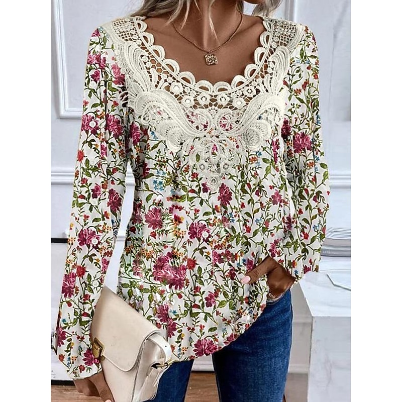 Women's Blouse Tunic Lace Splicing V Neck Long Sleeve Floral Lace Print Regular Tops Casual Holiday Black White Yellow Pink Red Spring & Fall Prefall3