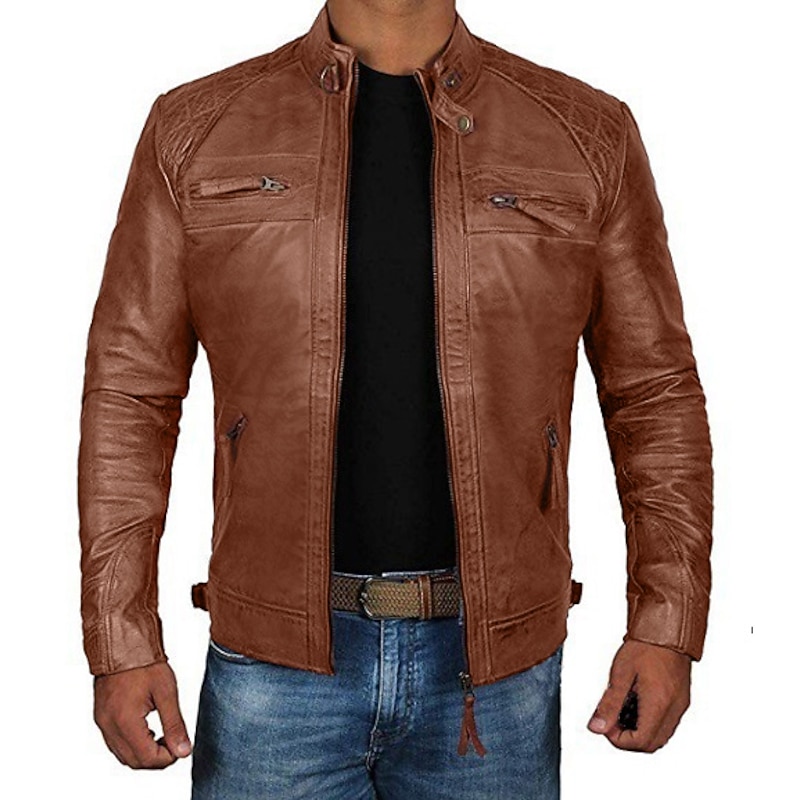 Men's Faux Leather Jacket Transition Jacket Jacket Biker Jacket Outdoor Daily Thermal Warm Windproof Full Zip Fall Solid Color Streetwear Casual Stand Collar Regular Faux Leather Regular Fit Black4