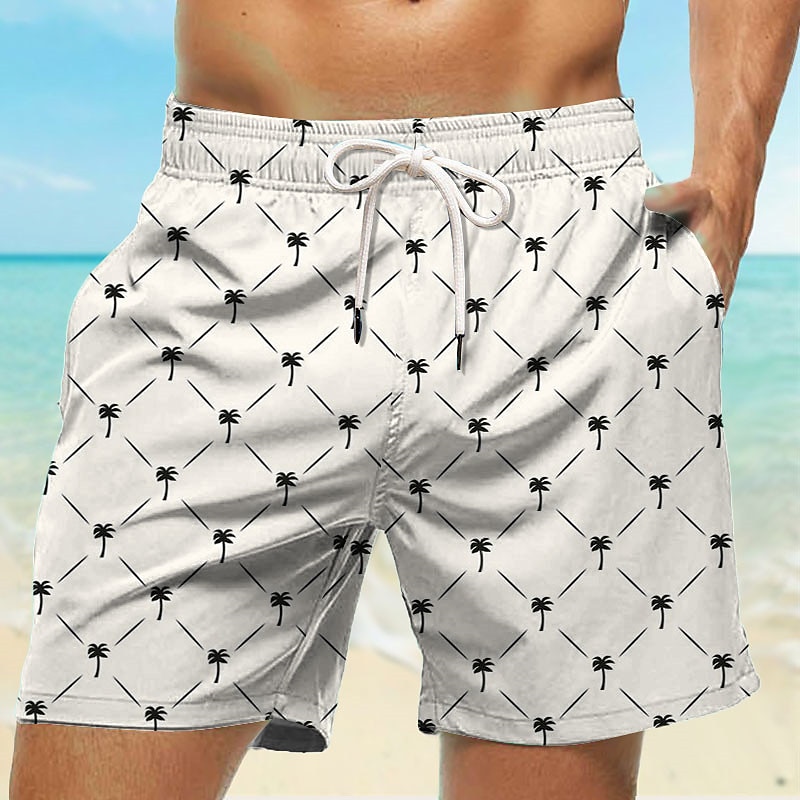 Men's Coconut Tree Geometric Pattern Swim Trunks Swim Shorts Board Shorts Mid Waist Hawaiian Casual Holiday Beach Drawstring with Mesh lining Elastic Waist Designer Clothing Apparel