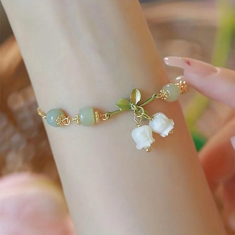 Lily Of The Valley Bracelet, Green Beaded Flower Pendant Bracelet, Exquisite Vintage Accessories, Women Girls Jewelry, Bachelorette Party Decor, Wedding Anniversary Party Favors, Birthday Party Decor,2