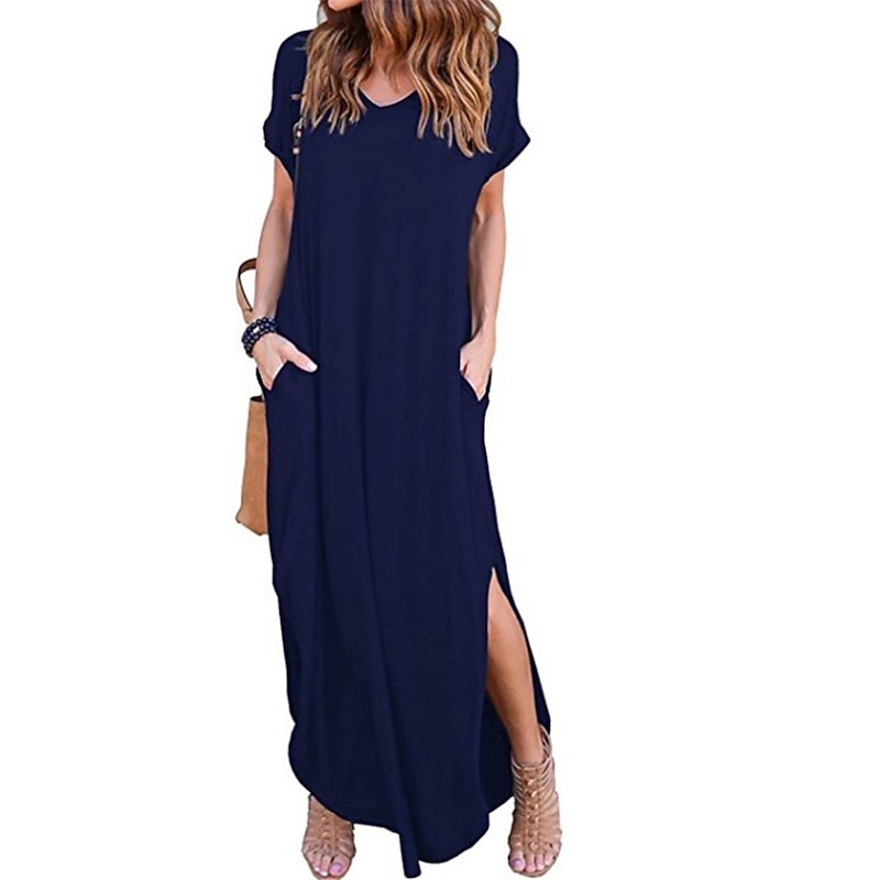 Women's Casual Dress Long Dress Maxi Dress Cotton Pocket Split Date Maxi Basic V Neck Short Sleeve Black White Pink Color4