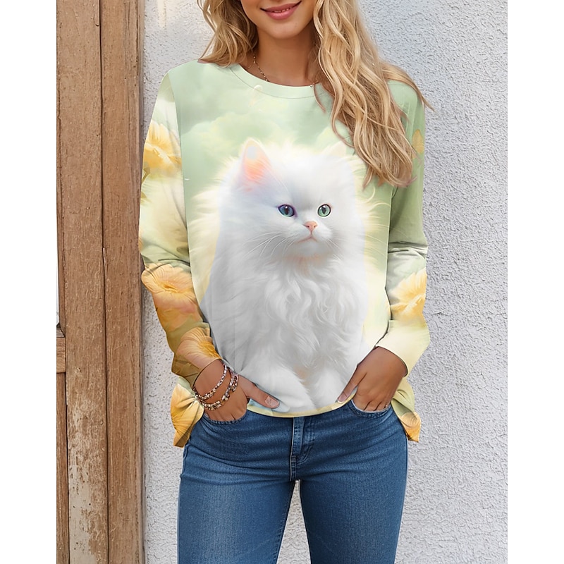 Women's T shirt Crew Neck Long Sleeve Tunic Cat 3D Funny Round Neck Regular Tops Daily Weekend Print Light Green Navy Blue Blue Green Spring & Fall2