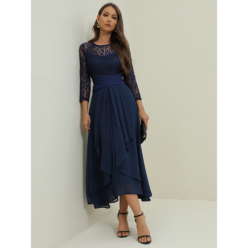 Women's Wedding Guest Cocktail Dress Elegant Lace Patchwork Prom Chiffon Midi Dress Crew Neck 3/4 Length Sleeve Navy Blue Spring Fall3
