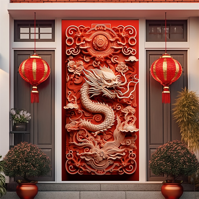 Chinese New Year Loong Door Covers Door Tapestry Door Curtain Decoration Backdrop Door Banner for Front Door Farmhouse Holiday Party Decor Supplies Lunar New Year