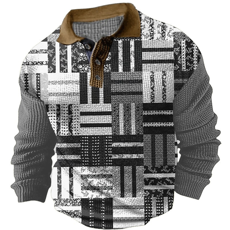 Men's Plaid Waffle Polo Shirts Golf Shirt Long Sleeve Polo Shirts Collared Shirts Vintage Casual Vacation Wear Formal Wear Festival Wear Buttons 3D Print Spring Black Navy Blue Brown2