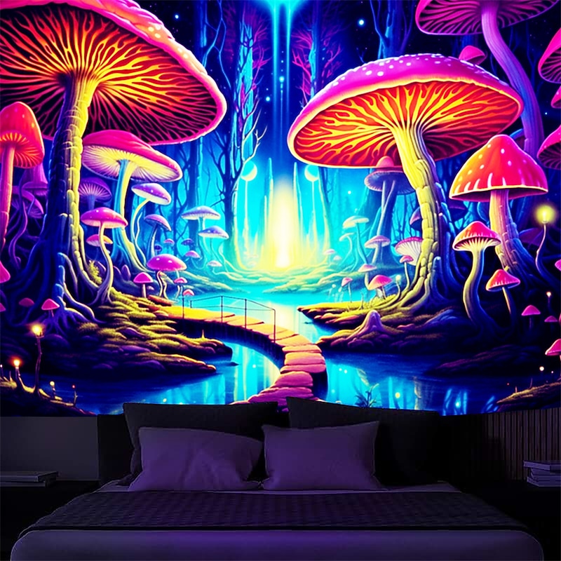 Blacklight Tapestry UV Reactive Glow in the Dark Glow Party Neon Mushroom Nature Landscape Psychedelic Trippy Misty Hanging Tapestry Wall Art Mural for Living Room Bedroom3