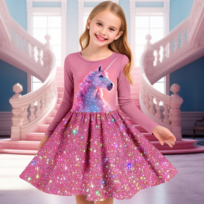 Girls' 3D Unicorn Dress Pink Long Sleeve 3D Print Spring Fall Vacation Sports & Outdoor Daily Cute Casual Beautiful Kids 3-12 Years Casual Dress A Line Dress Above Knee Regular Fit3
