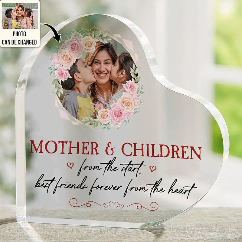 Personalized Photo Plaque Custom Best Gift for Mom – Heart Shaped Acrylic, Custom Photo for Mother and Children, Perfect for Mother's Day