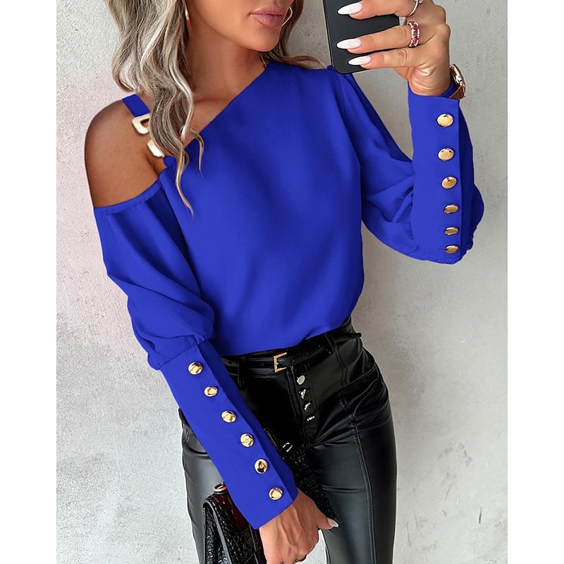 Women's Blouse Elegant Patchwork Puff Sleeve Long Sleeve One Shoulder Casual Black White Red Blue Fall & Winter
