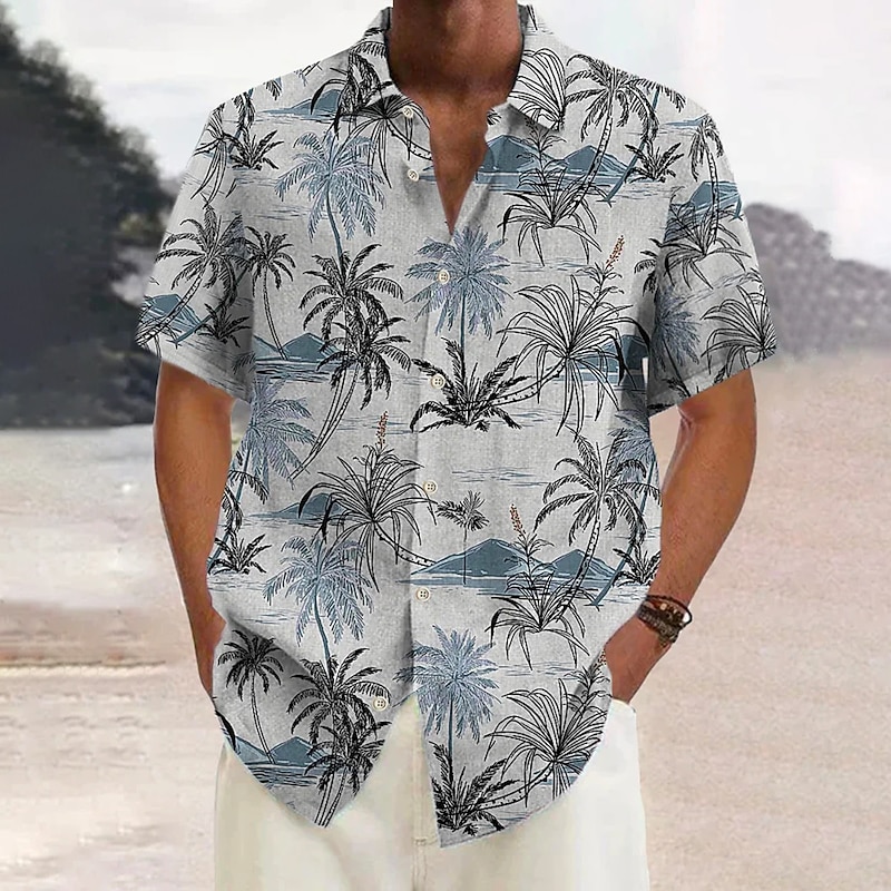 Men's Graphic Palm Tree Palm Leaf Summer Hawaiian Shirt Aloha Shirt Short Sleeve Shirt Turndown Hawaiian Outdoor clothing Daily Wear Weekend Blue Gray S M L2