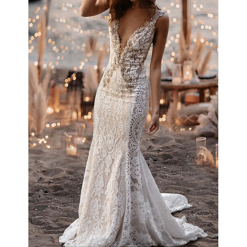Beach Wedding Beach Open Back Sexy Boho Wedding Dresses Mermaid V Neck Sleeveless Court Train Lace Bridal Gowns With Appliques2