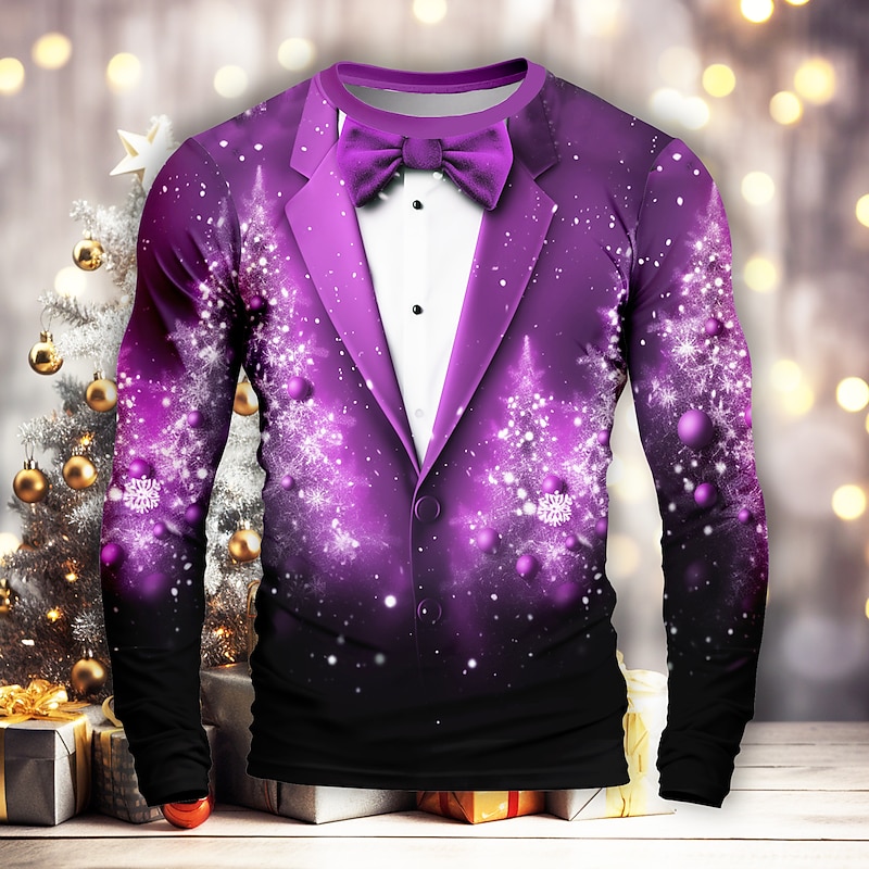 Christmas Men's Snowflake Christmas Costume T Shirt Long Sleeve T shirt 3D Print Crew Neck Shirt Merry and Bright Party Casual Holiday Yellow Red Purple Spring &  Fall Clothing Apparel Normal S M L3