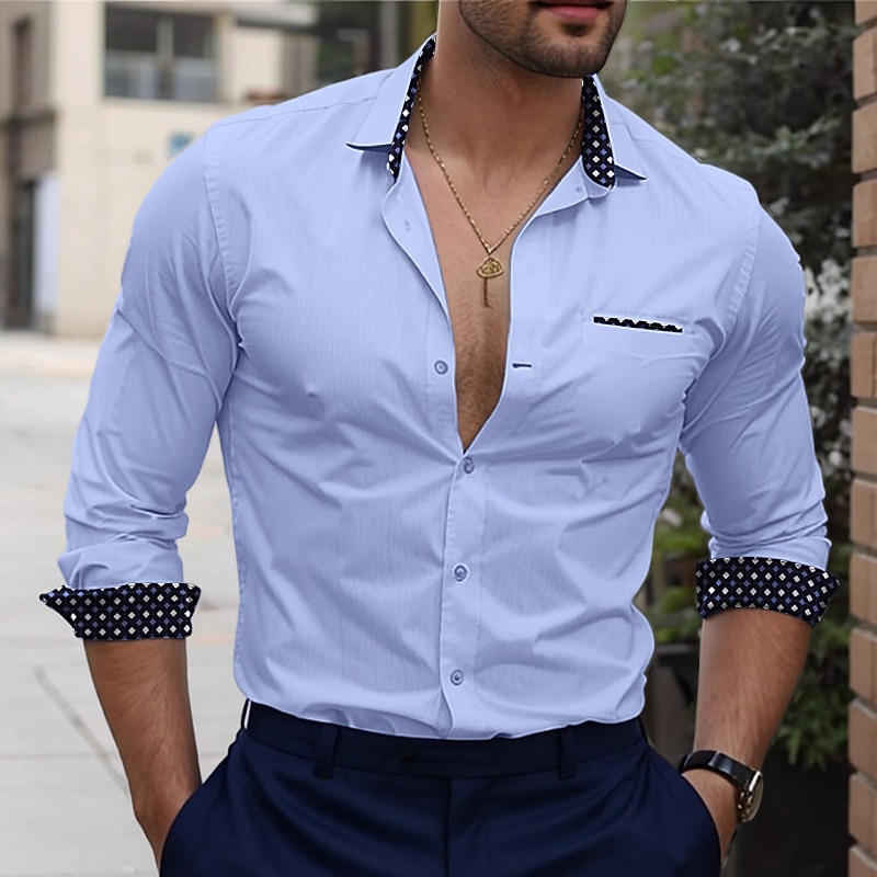 Men's Shirt Summer Shirt Dress Shirt Button Up Shirt Casual Shirt Black White Dark Blue Light Blue Long Sleeve Color Block Geometic Lapel Wedding Daily Patchwork Clothing Apparel Cotton Cotton Blend
