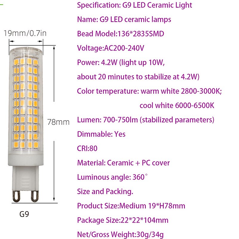 G9/E11/E12/E14E/BA15D LED Bulb 7W 3000K Warm White/6000K White 120V No-Flicker for Home Lighting Chandeliers Household Applications 700LM (2 Pack)2