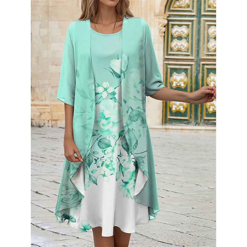 Women's Graduation Dress Midi Dress Wedding Guest Cocktail Dress Chiffon Date Casual  Elegant Two Piece Dress Set Spring Crew Neck Half Sleeve Floral Loose Fit Pink Blue Purple4