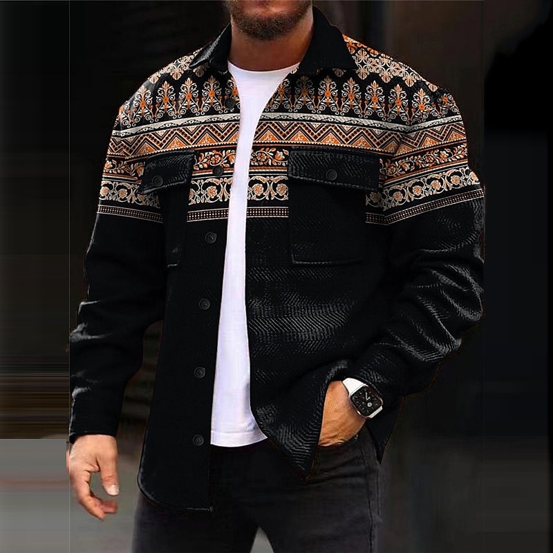 Men's Tribal Geometry Bandana Print Shirt Shirt Jacket Long Sleeve Vintage Casual Tribal Outdoor Street Casual Daily Fall & Winter Turndown Buttons Pocket Print Black Blue Brown3