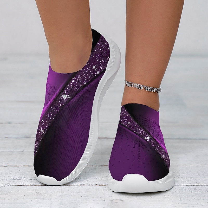 Women's Purple Printed Flyknit Slip-On Fashion Sneakers – Lightweight and Breathable Casual Footwear for Walking and Everyday Comfort