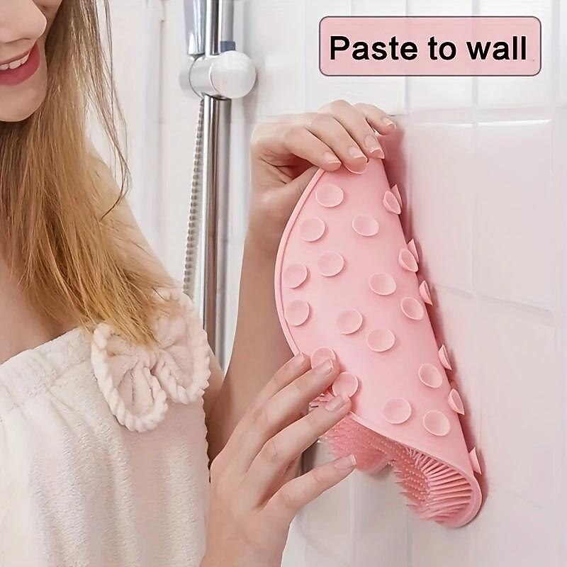 1pc Lazy Back Rub Bath Artifact, Bath Massage Tool, Back Bath Brush, Silicone Brush, Bathroom Massage Mat, Suction Cup Massager Attached To The Wall2