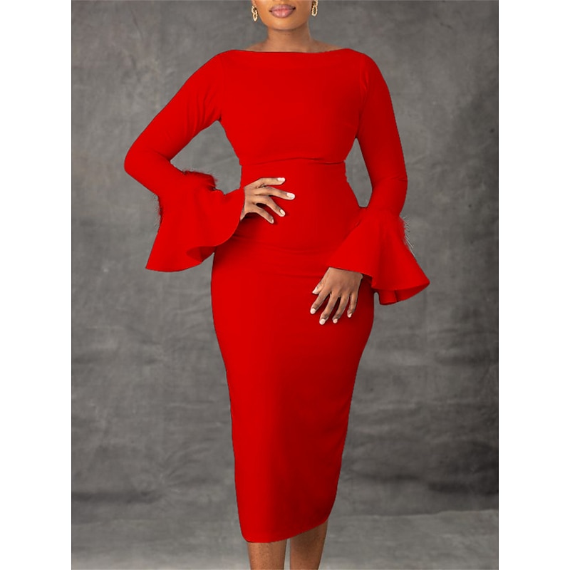 Women's White Dress Party Dress Feather Dress Feather Crew Neck Long Sleeve Midi Dress Winter Dress Wedding Guest Black White Summer Spring4