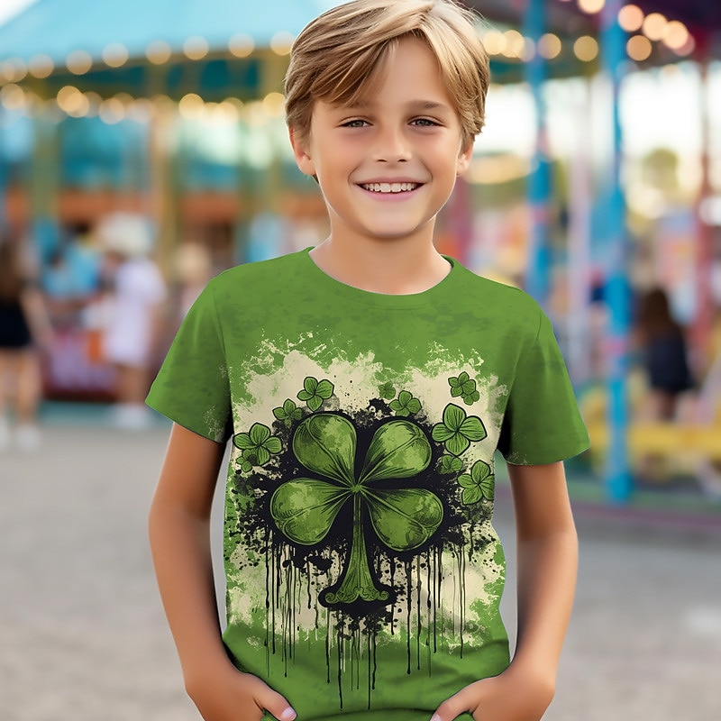 St. Patrick Boys 3D Dog Four Leaf Clover Tee Shirt Short Sleeve 3D Print Summer Active Sports Fashion Polyester Kids 3-12 Years Crew Neck Outdoor Casual Daily Regular Fit3