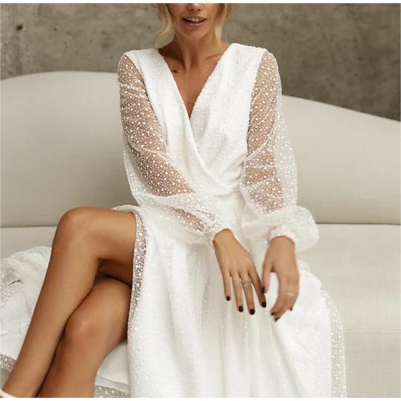 Beach Little White Dresses Wedding Dresses A-Line V Neck Long Sleeve Tea Length Sequined Bridal Gowns With Beading Solid Color4