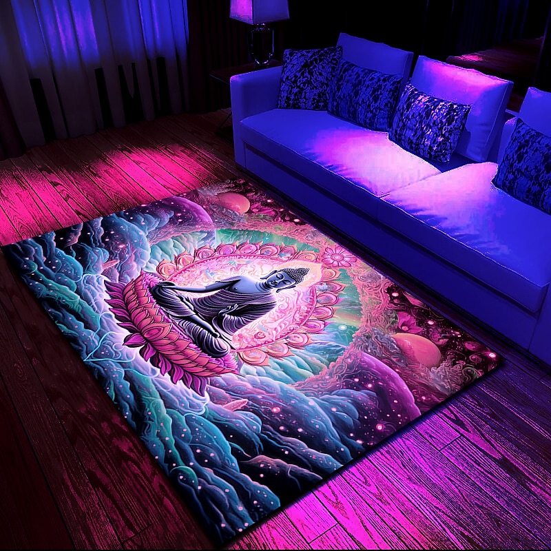 Blacklight Rug UV Reactive Glow in the Dark Area Rug Kitchen Mat Non-Slip Oil Proof Trippy Buddha Floor Mat Livingroom Rug Indoor Outdoor Mat Bedroom Decor Bathroom Mat Entrance Rug Door Mat2