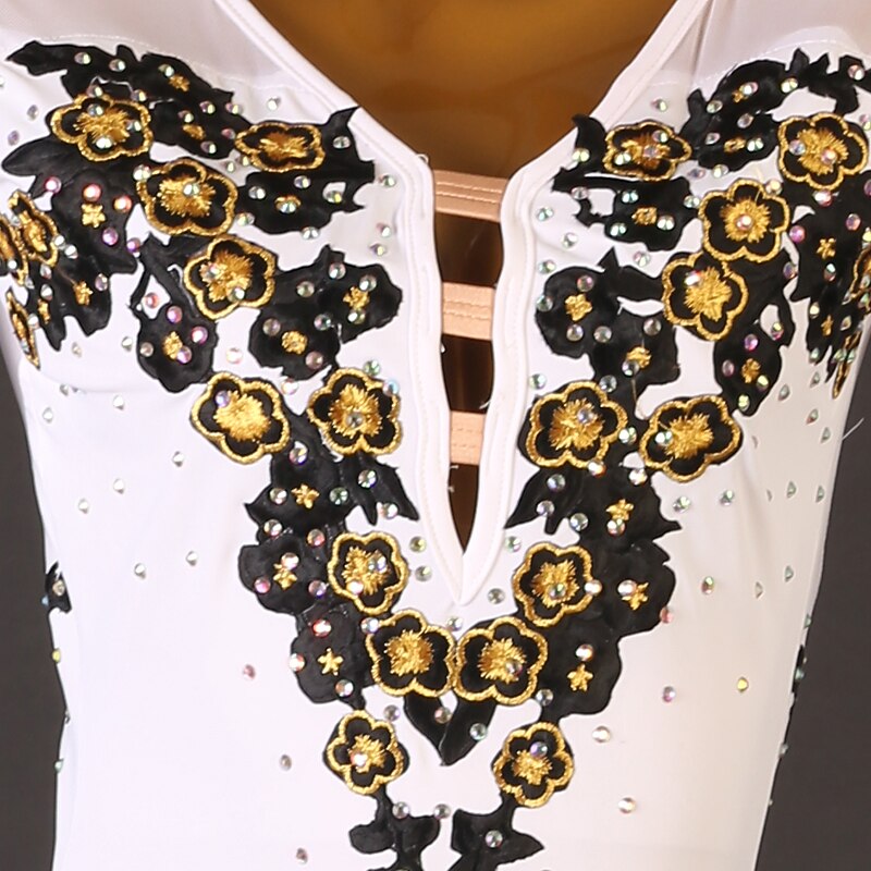 Figure Skating Dress Women's Girls' Ice Skating Dress White Patchwork Open Back Mesh High Elasticity Training Competition Skating Wear Classic Long Sleeve Ice Skating Figure Skating4