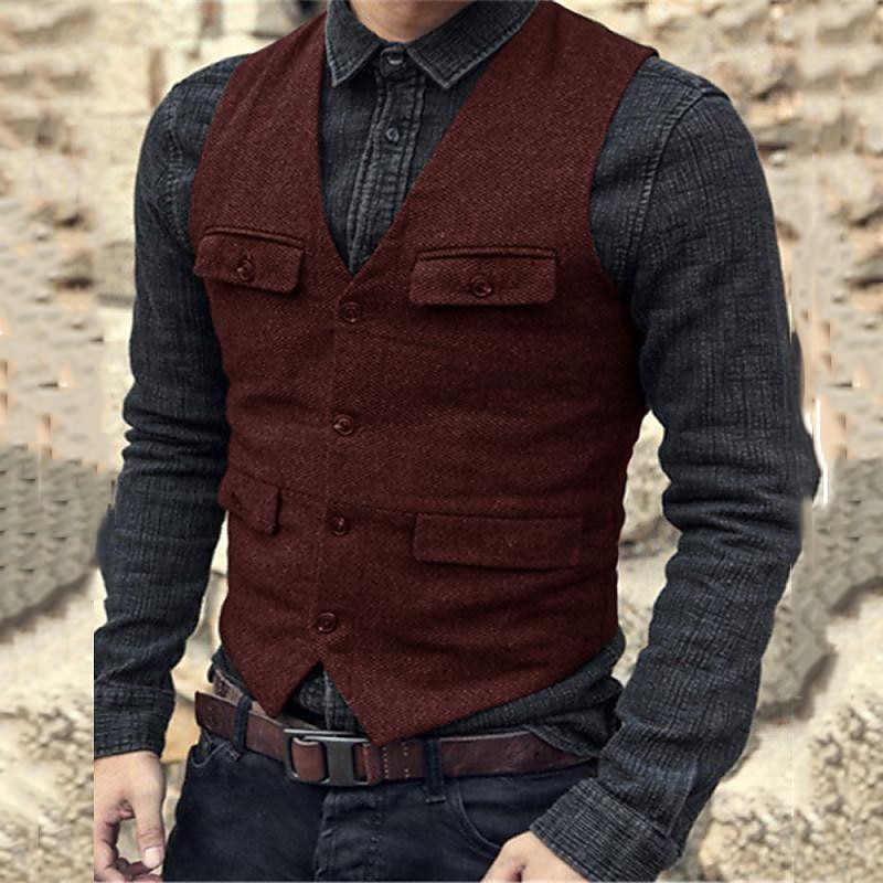 Men's Vest Waistcoat Daily Wear Vacation Going out Fashion Basic Spring &  Fall Button Polyester Comfortable Plain Single Breasted V Neck Regular Fit Black Dark Navy Dark Green Brown Vest2
