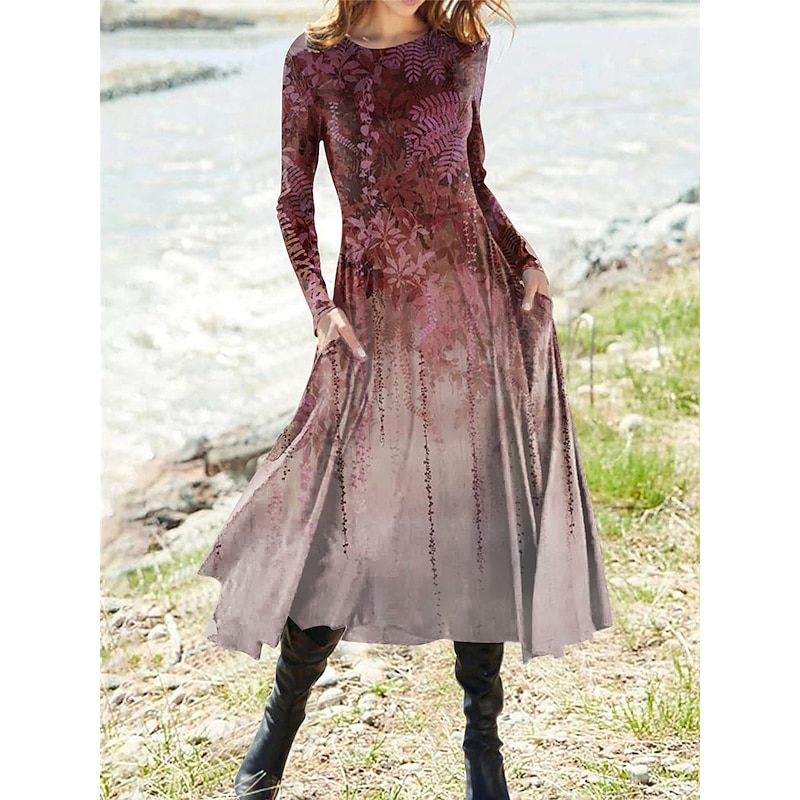 Women's Midi Dress Vintage Dress Casual Dress Winter Dress Swing Dress Vintage Ethnic Tribal Formal Vacation Party Regular Fit Floral Long Sleeve Crew Neck Wine Purple Green Khaki Fall Winter3