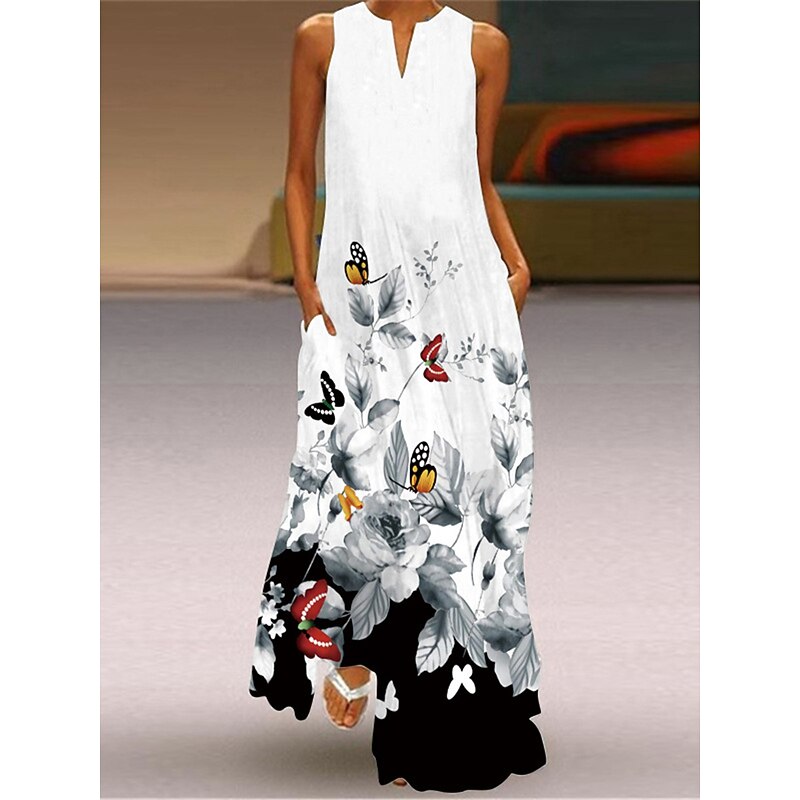 Women's Valentine Dress Tank Dress Floral Butterfly Pocket Print Split Neck Long Dress Maxi Dress Vacation Long Sleeve Summer4