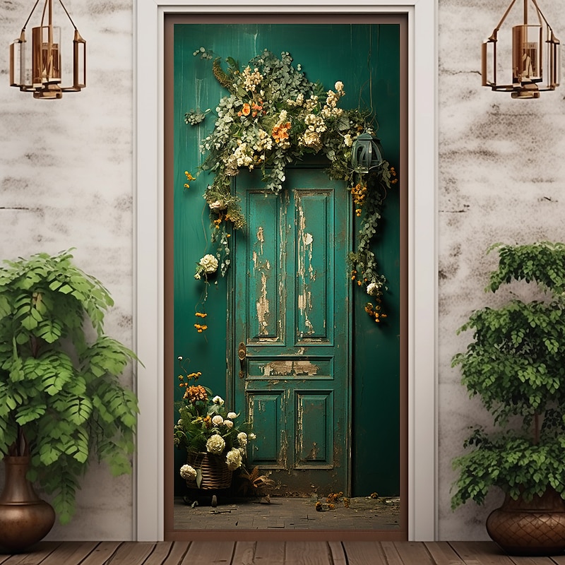 Floral Vintage Green Door Covers Mural Decor Door Tapestry Door Curtain Decoration Backdrop Door Banner Removable for Front Door Indoor Outdoor Home Room Decoration Farmhouse Decor Supplies