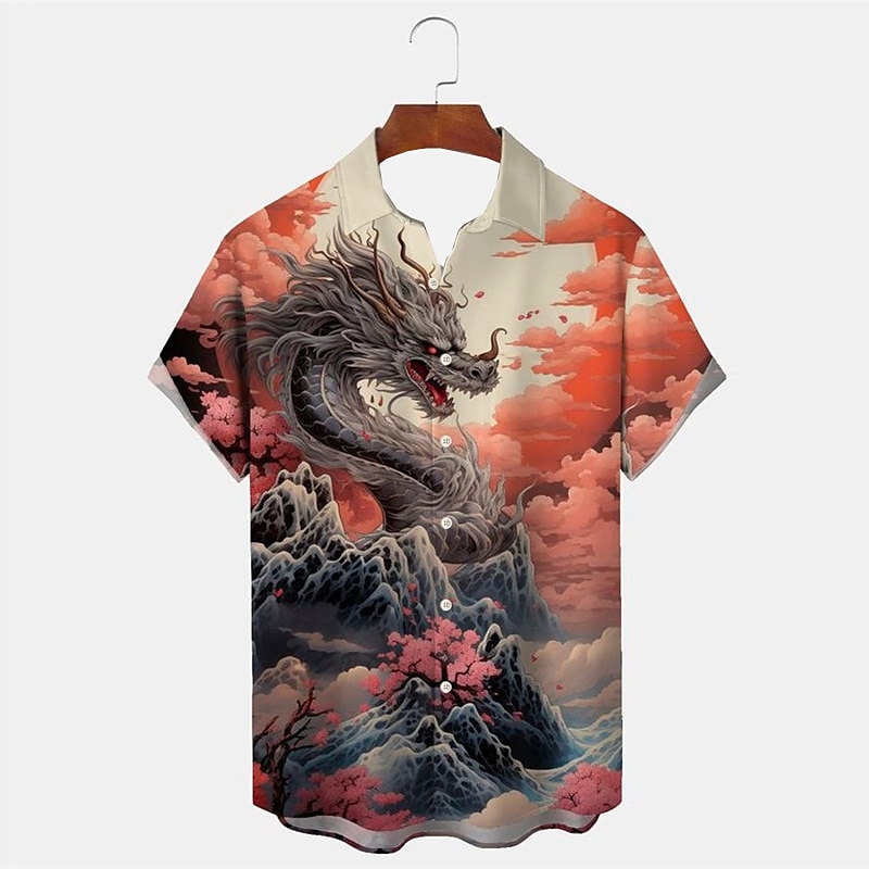 Men's Tiger Dragon Shirt Button Up Shirt Short Sleeve Artistic Abstract Daily Wear Going out Weekend Autumn / Fall Turndown Print Button-Down Pink Blue Khaki4