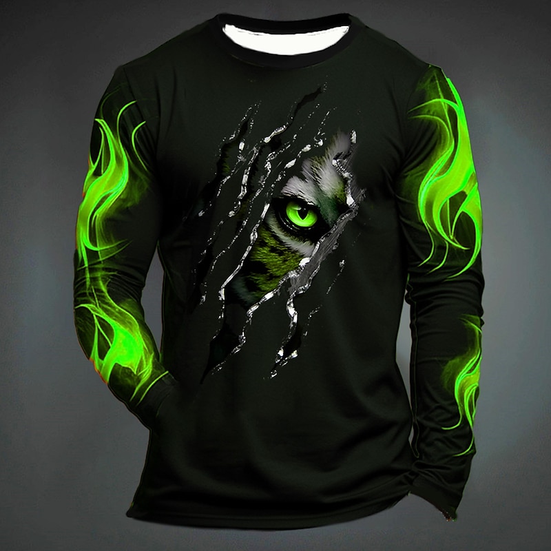 Men's Graphic Hellfire Flames Flame Paw T Shirt Long Sleeve T shirt 3D Print Crew Neck Shirt Fashion Designer Casual Sports Outdoor Holiday Going out Black Yellow Dark Green Spring &  Fall Clothing4