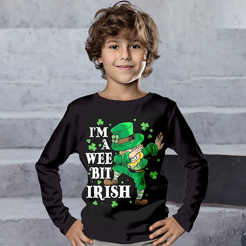 St. Patrick Boys 3D Letter Hat Tee Shirt Long Sleeve 3D Print Spring Fall Sports Fashion Streetwear Polyester Kids 3-12 Years Crew Neck Outdoor Casual Daily Regular Fit