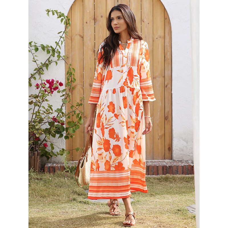 Women's Holiday Dress Loose Satin Maxi Maxi Dress Orange 3/4-Length Sleeve flowers and plants Flower / Plants Printing Spring Spring and Summer V Neck Stand Collar Dresses Vacation Dress Vacation2
