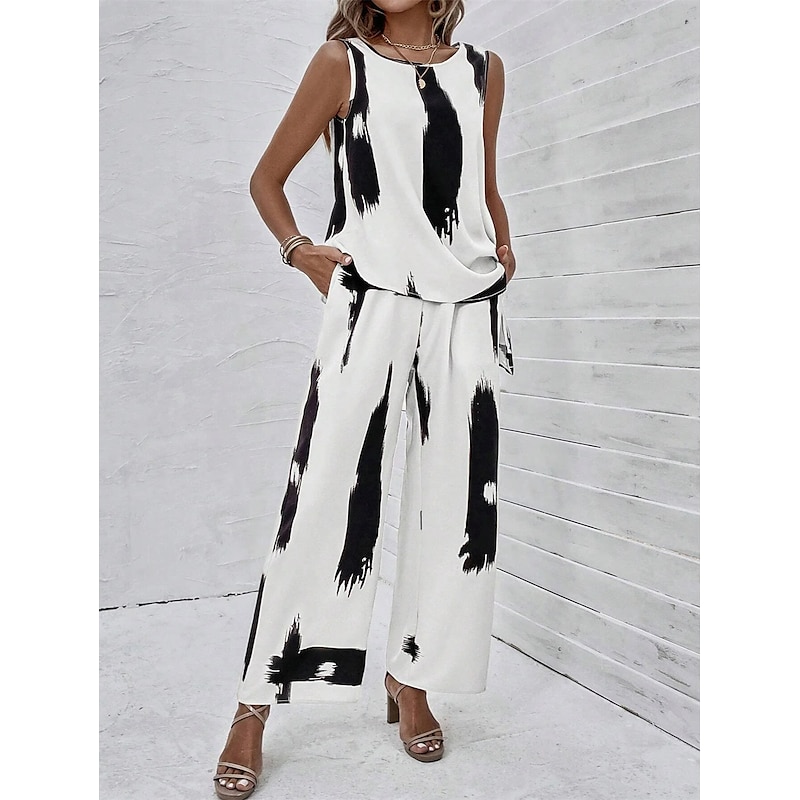 Women's 2 Pieces Fashion Daily Tank Top Pants Sets Wide Leg Pants Trousers Sleeveless Round Neck Graphic Print Casual Daily White Summer Regular Fit3