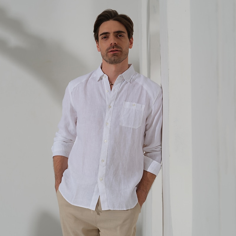 100% Linen Pocket Men's Shirt Linen Shirt Button Up Shirt Black White Green Long Sleeve Plain Lapel Spring &  Fall Outdoor Daily Clothing Apparel2