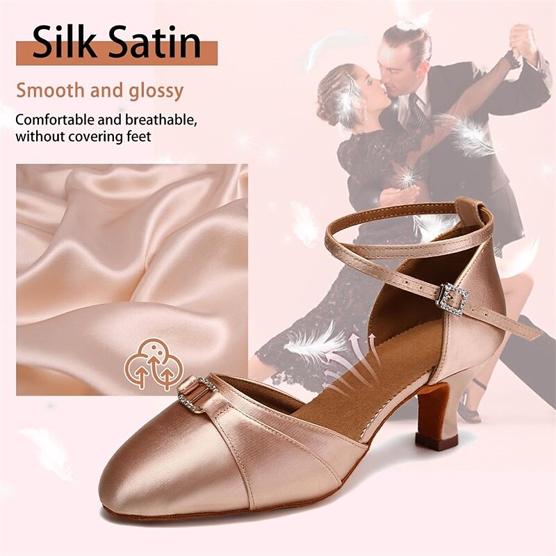 Women's Black Satin Latin Dance Shoes - Elegant Ankle Strap Heels with Rhinestone Buckle and Suede Sole for Ballroom and Salsa Performances2