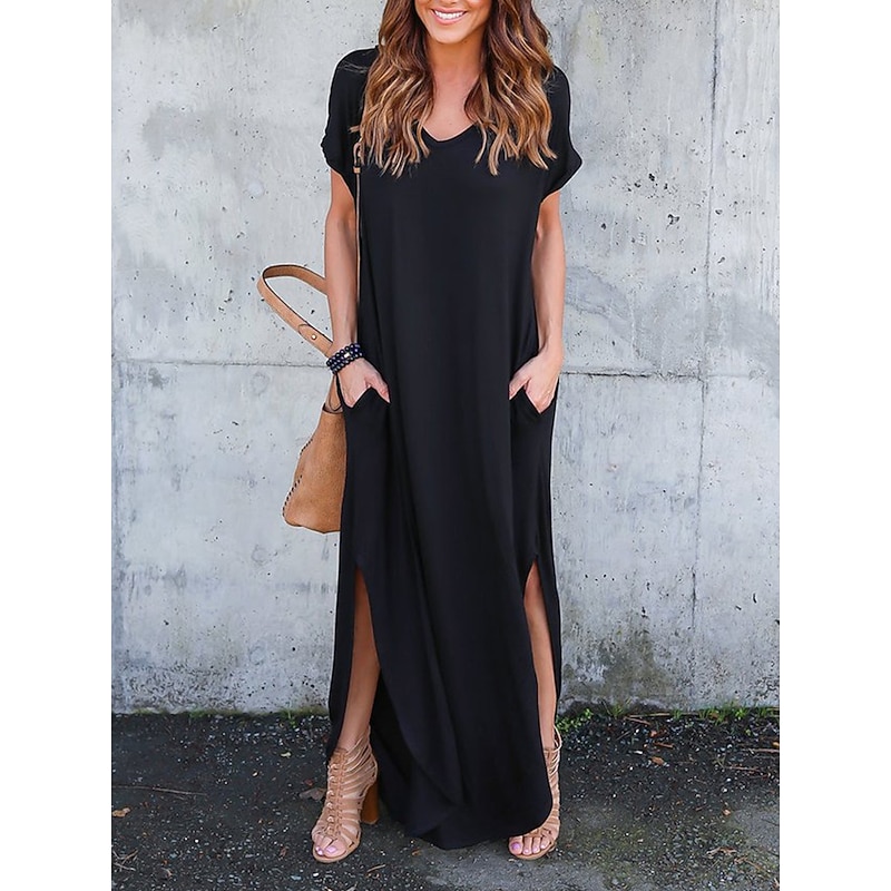 Women's Casual Dress Long Dress Maxi Dress Cotton Pocket Split Date Maxi Basic V Neck Short Sleeve Black White Pink Color 16