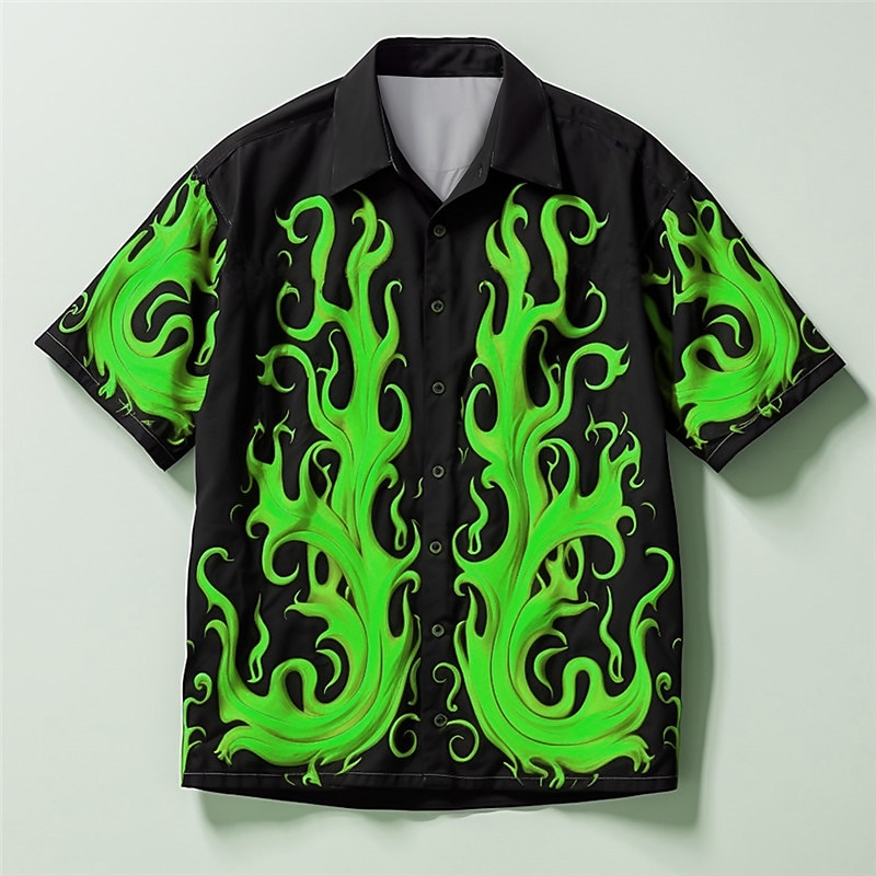 Men's Flame Shirt Button Up Shirt Short Sleeve Casual Daily Wear Going out Weekend Autumn / Fall Turndown Print Button-Down Yellow Purple Green2