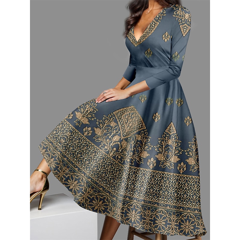 Women's Midi Dress Vintage Dress Casual Dress Winter Dress Swing Dress Vintage Ethnic Tribal Formal Vacation Party Regular Fit Tribal 3/4 Length Sleeve V Neck Blue Purple Green Fall Winter2
