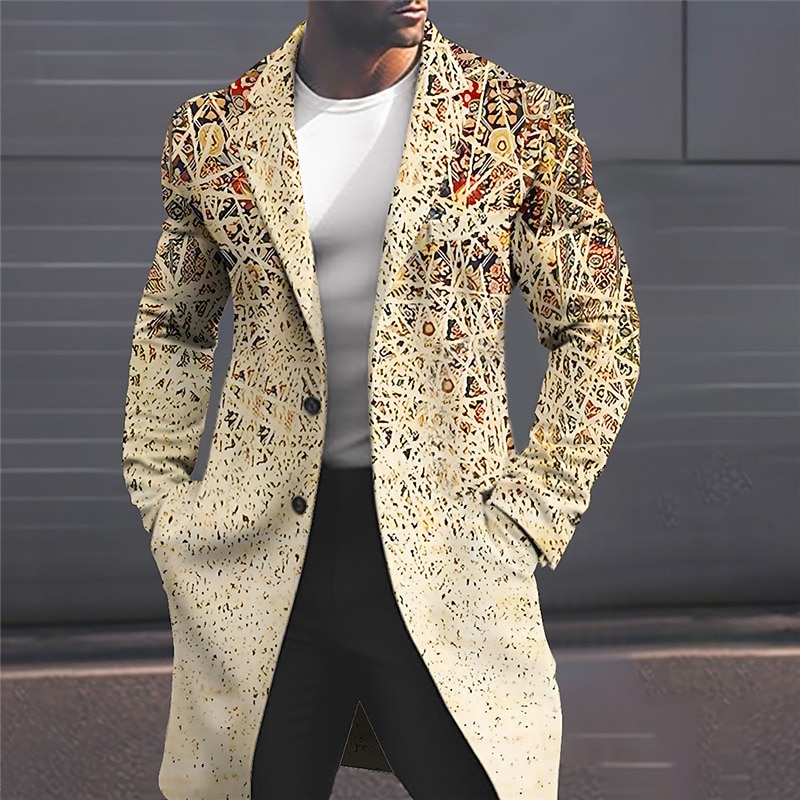 Men's Geometry Winter Coat Overcoat Coat Warm Comfortable Breathable Fashion Streetwear Business Work Wear to work Going out Pocket Print Fall & Winter Turndown Long Sleeve Yellow Pink Blue