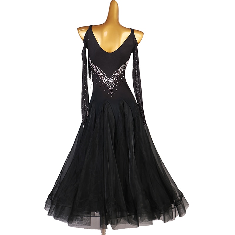 Ballroom Dance Dress Tassel Crystals / Rhinestones Women's Performance Training Long Sleeve High Chinlon Organza Tulle2