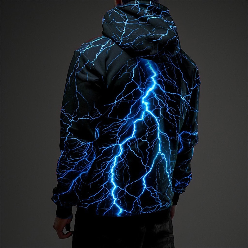 Men's Graphic Lightening Hoodie Hoodies Sweatshirt Fashion Daily Long Sleeve Hooded Vacation Sports Outdoor Holiday Red Blue Print Front Pocket Spring &  Fall Designer4