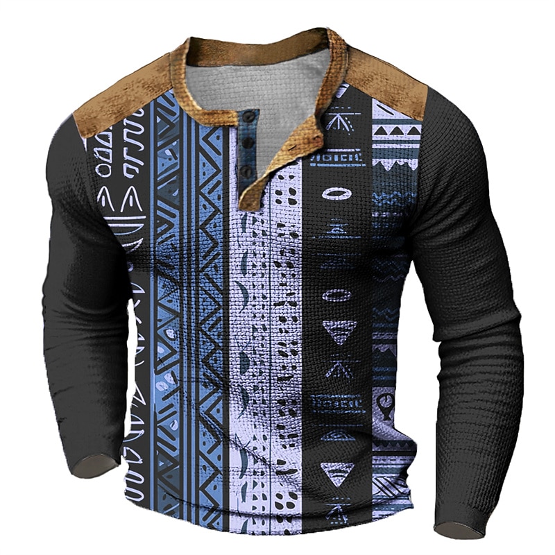 Men's Graphic Tribal Henley Shirt Waffle T Shirt Long Sleeve 3D Print Designer Casual Vintage Retro Sports Outdoor Holiday Festival Spring &  Fall Blue Red Green Khaki Gray Henley Henley T-Shirt2