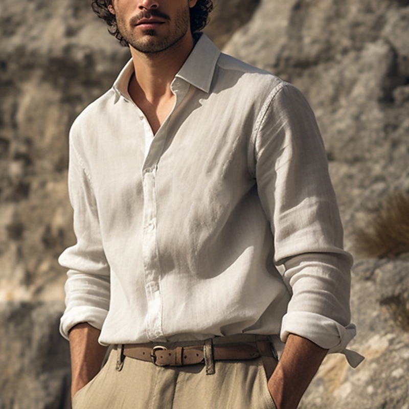 Men's Shirt Linen Shirt Summer Shirt Beach Wear Button Up Shirt Plain Vacation Curise Beige Long Sleeve Lapel Spring &  Fall Clothing Apparel2
