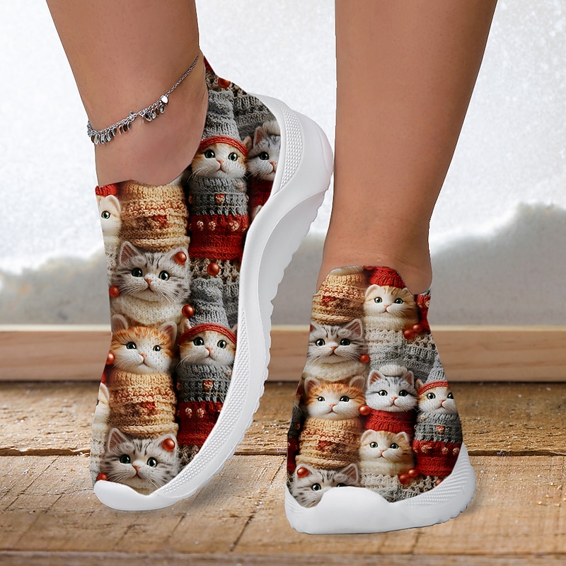 Women's Sneakers Slip-Ons Print Shoes Flyknit Shoes Comfort Shoes Outdoor Daily Cat Flat Heel Fashion Casual Tissage Volant Black White Red2