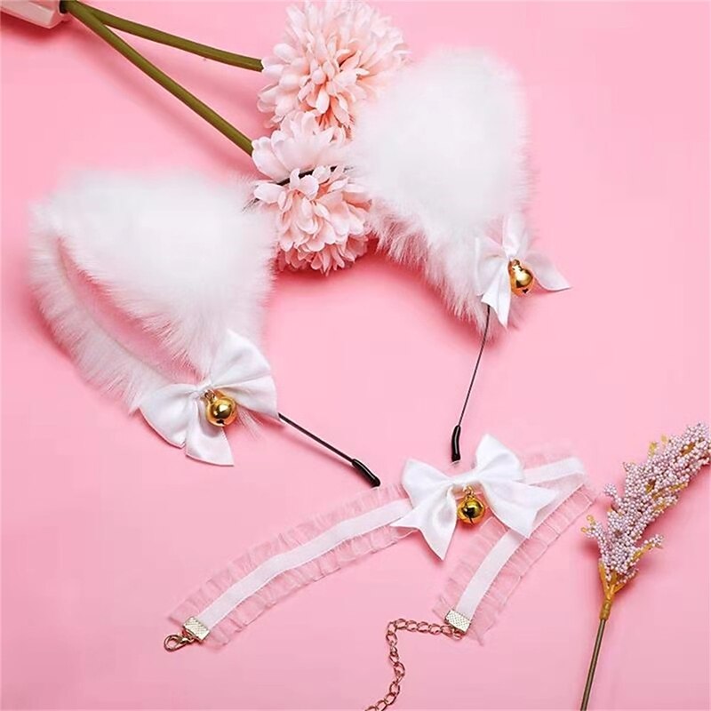 Carnival Performance Props Headdress Cat's Ears (Steamed Cat-Ear Shaped Bread) Headband Cat Girl Cat's Ears Collar Hair Accessories Set4