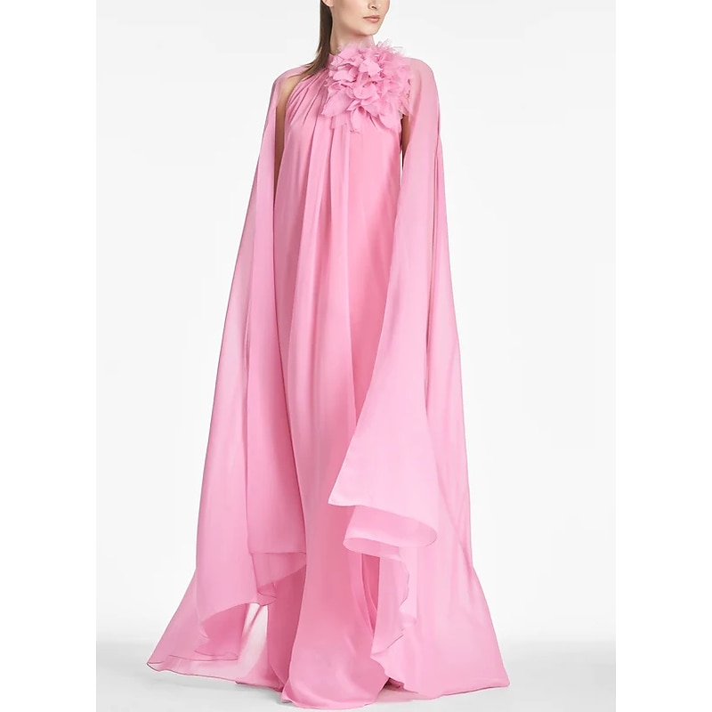 Beach Wedding A-Line Evening Gown Elegant Dress Formal Prom Floor Length Sleeveless Jewel Neck Chiffon with Shouder Flower4